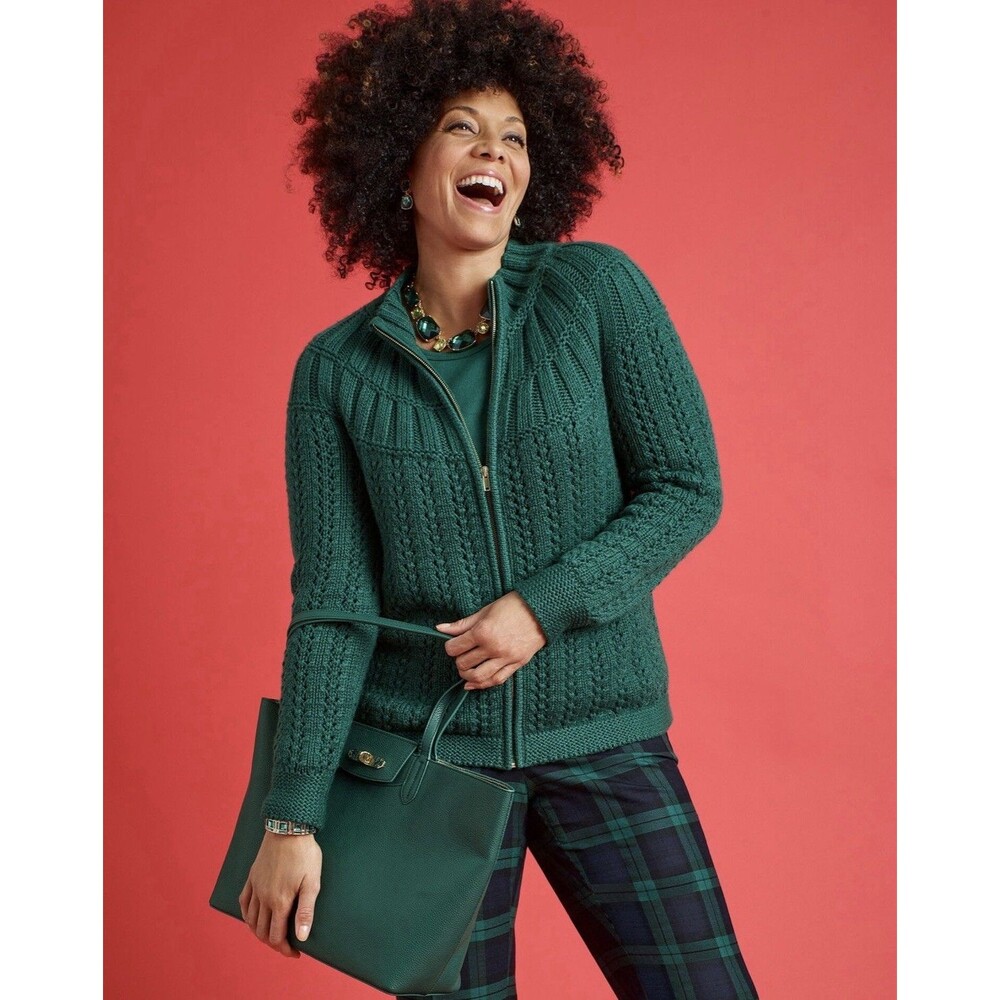 Talbots Womens Medium Green Mixed Stitch Cardigan Sweater Zip Front Cotton Blend